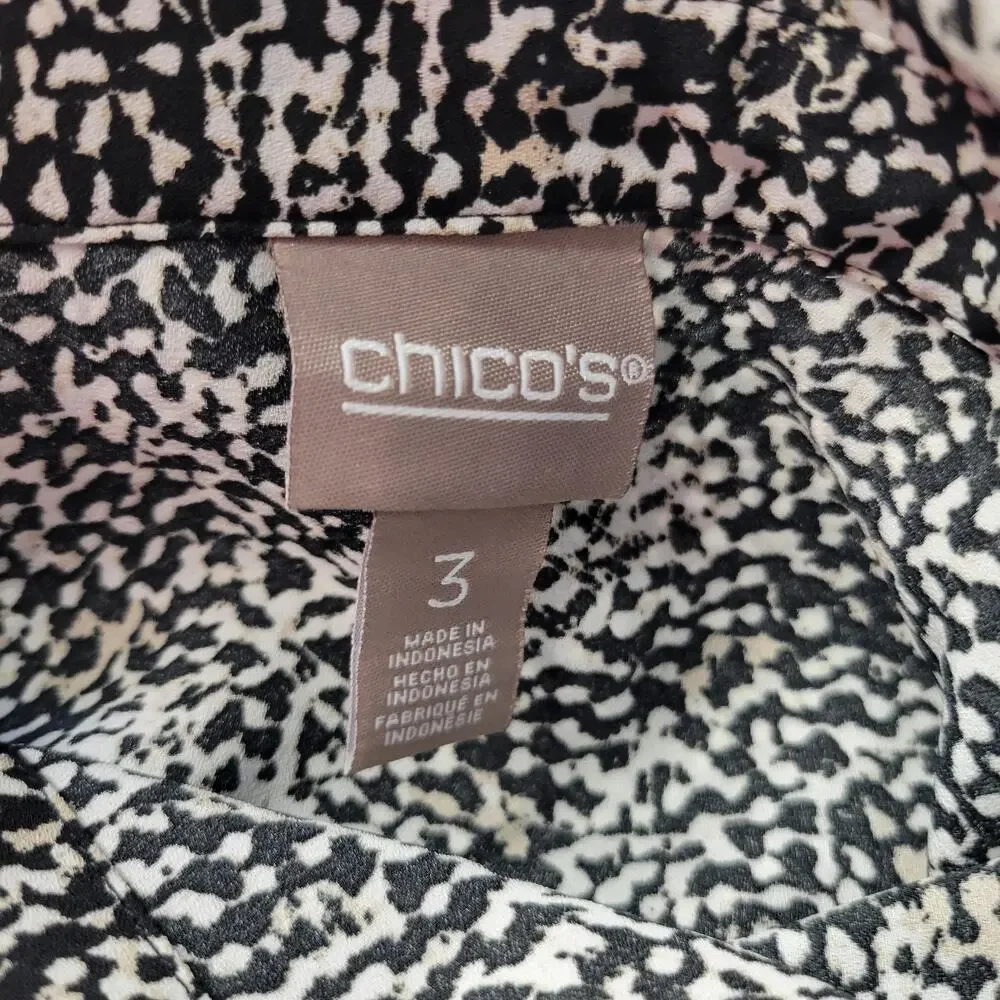 Chicos Shirt Womens XL Black White Animal Print Button Front Long Sleeve Top Mod - Picture 2 of 15